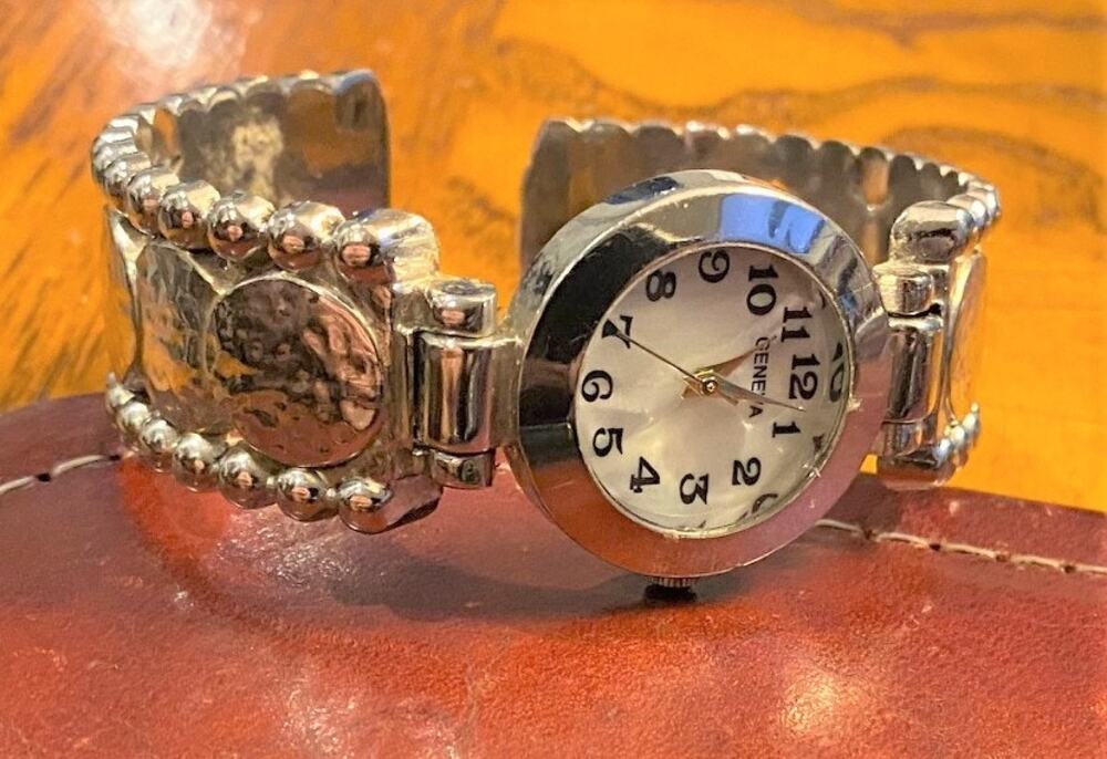 Women's 28mm Hammered Silver Tone Geneva Watch, MOP Face